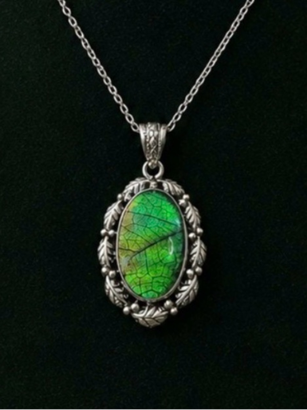 Pendant 925 Sterling Silver “Opal Leaf” Green Foliage Detailed Design